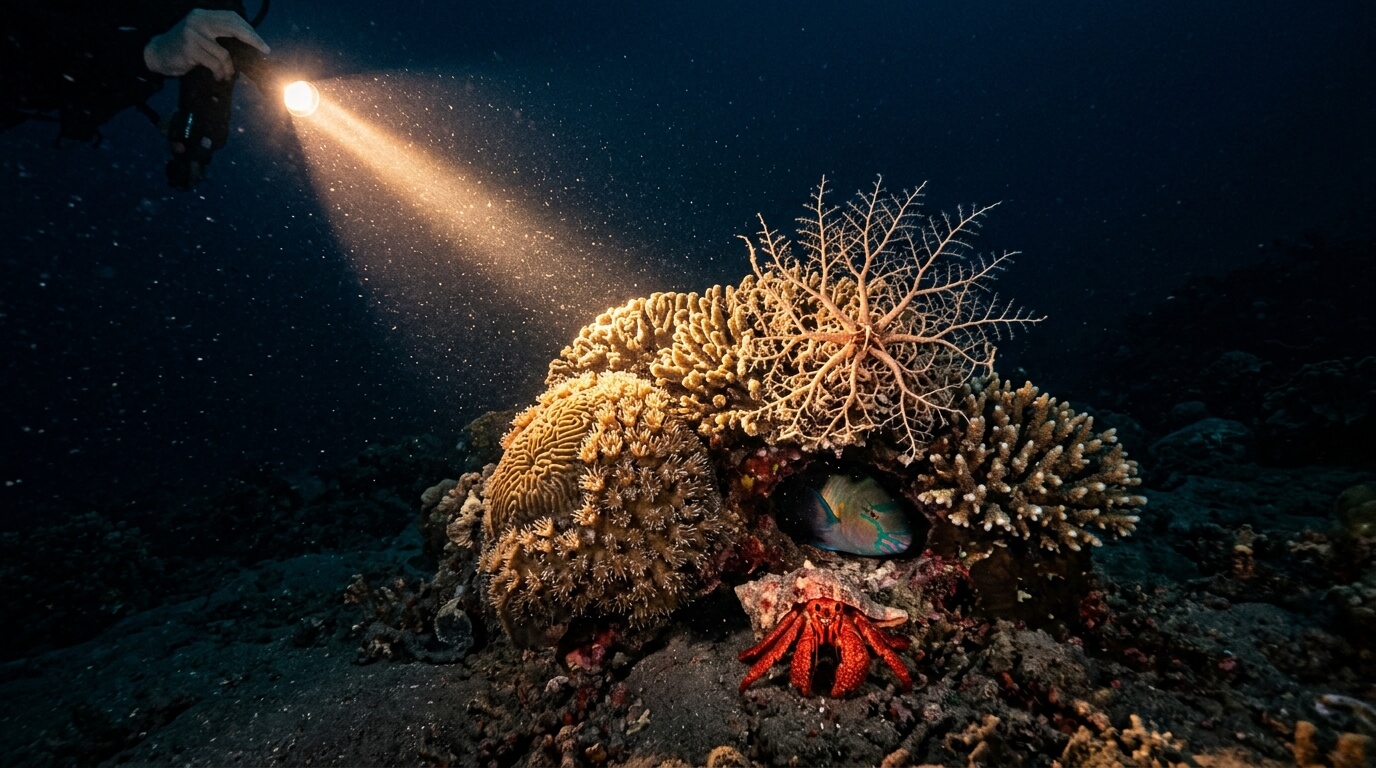 Buceador durante una inmersión nocturna
